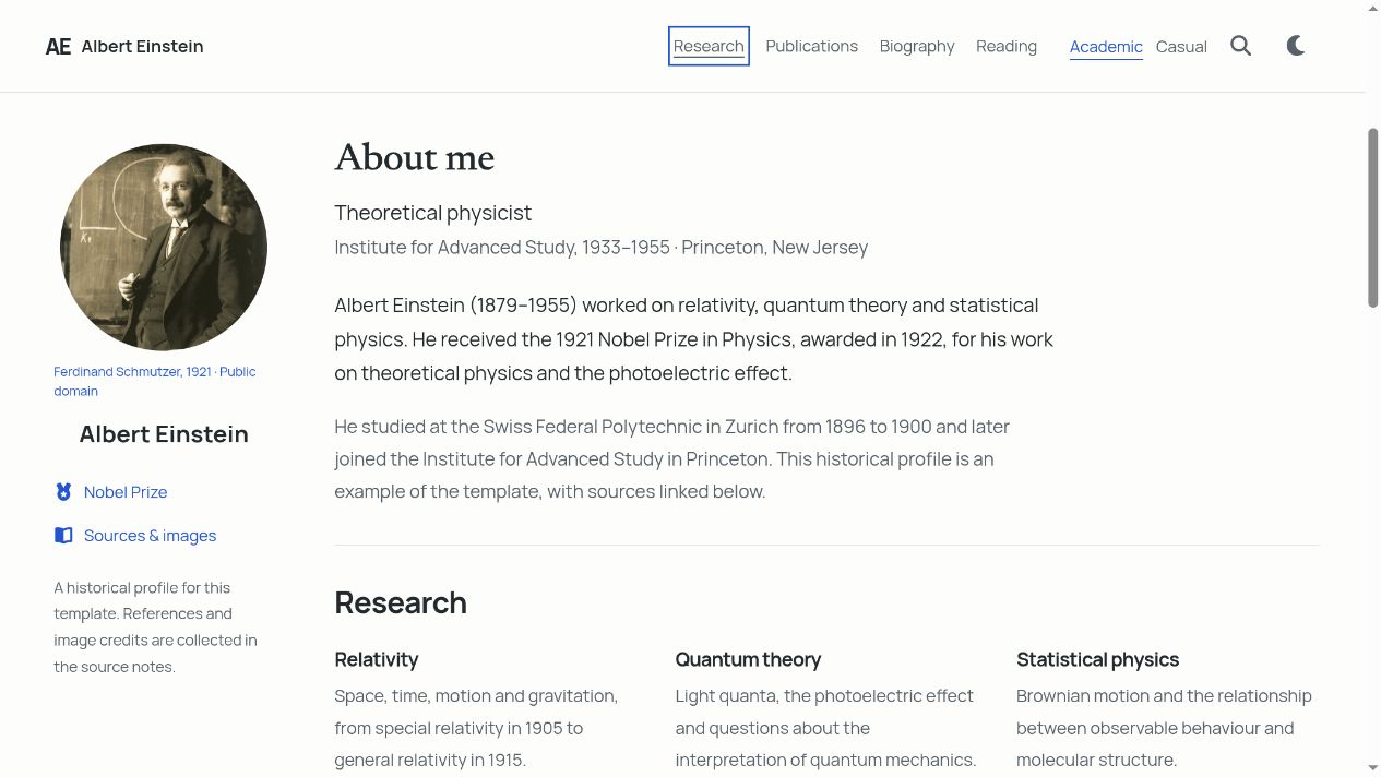 The template's Albert Einstein example.