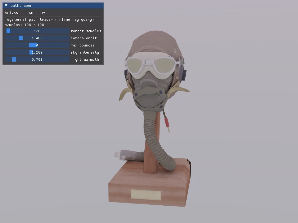 Vulkan path tracer rendering the FlightHelmet glTF model at 128 samples and four bounces.