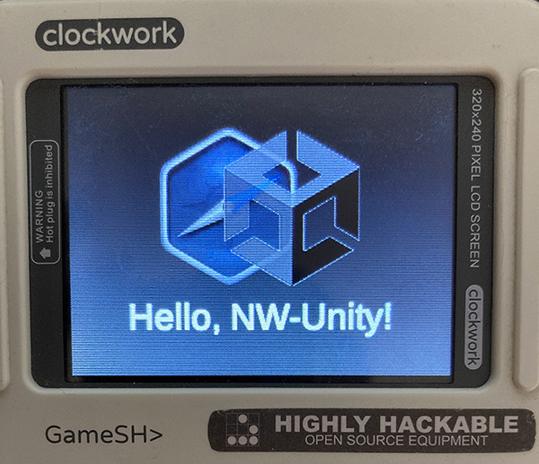 The Hello, NW-Unity sample running on GameShell.